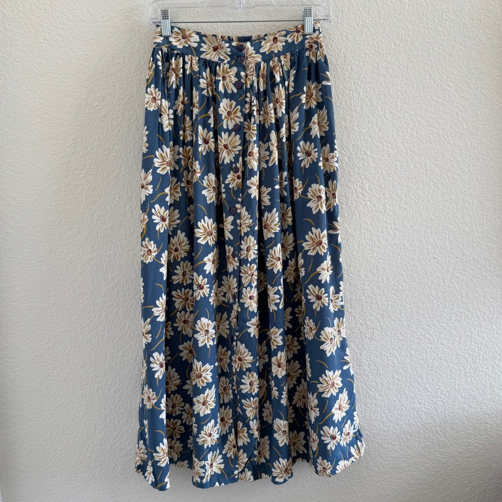 Vintage Le Mieux Floral Maxi Skirt Blue Daisy Button Front Rayon Boho Small